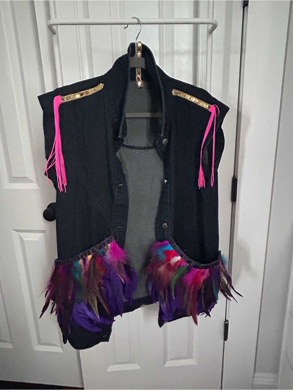 Black Denim Feather-Trimmed Sleeveless Jacket with Pink Tassels